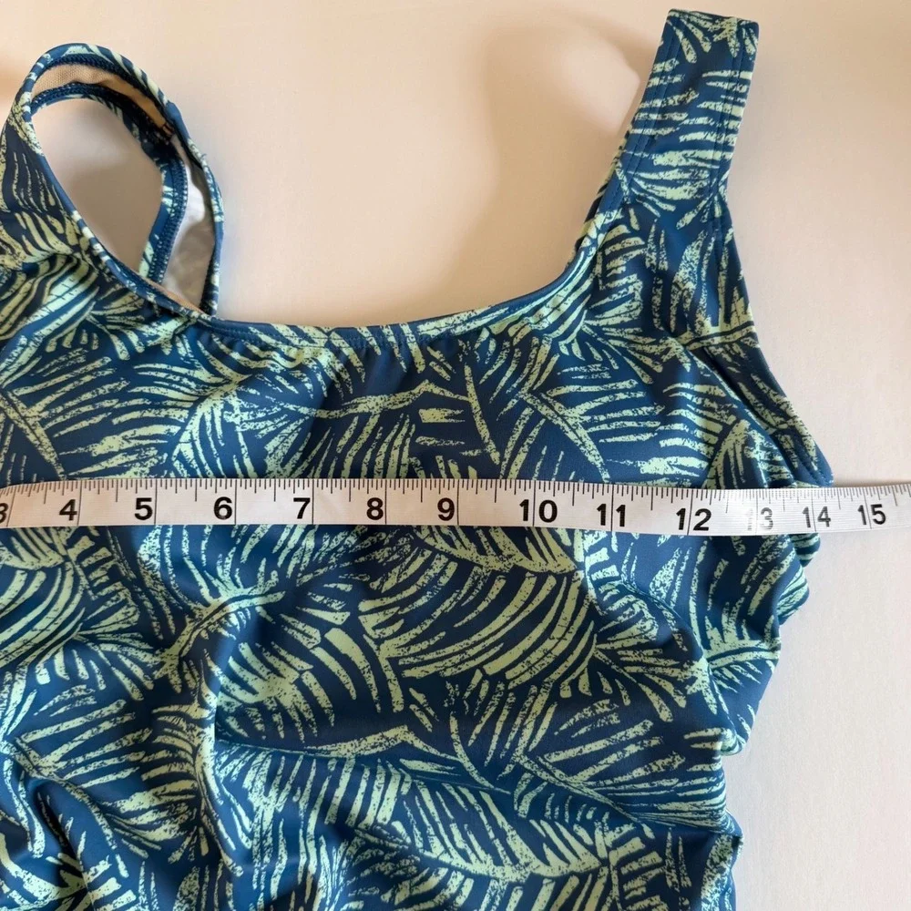 LL Bean Womens Blue Green Tropical Palm Leaf One Piece Swimsuit UPF 50+ Size 8‎
